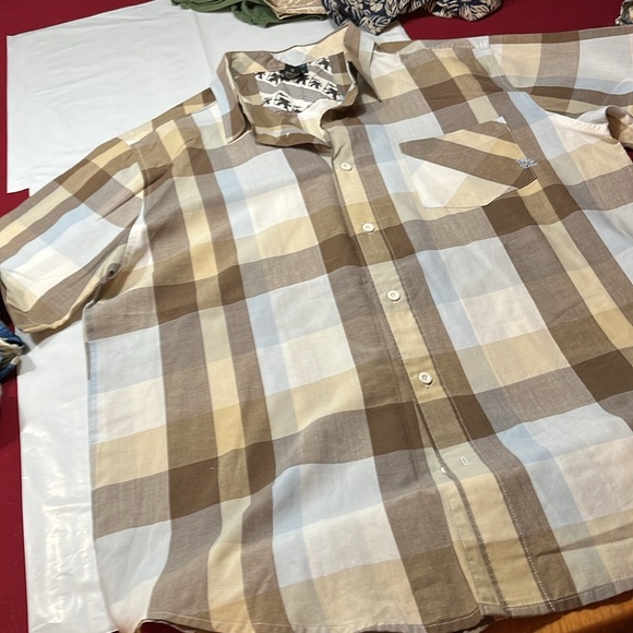Gotcha PLAID Shirt TAN BLUE BEIGE Button up Short Sleeve Casual Y2K 90s mens XL - Picture 5 of 10